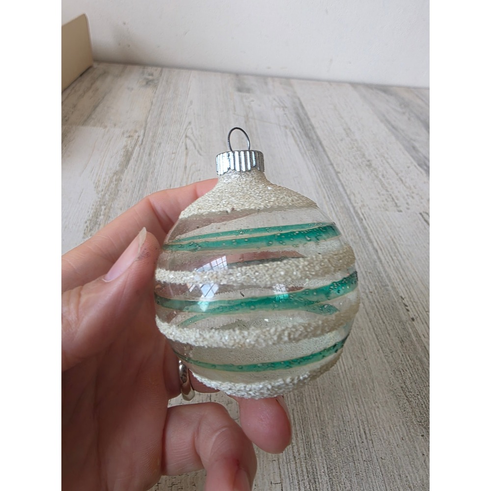 Vintage shiny Brite unsilvered striped Mica green ornament glass Xmas tree